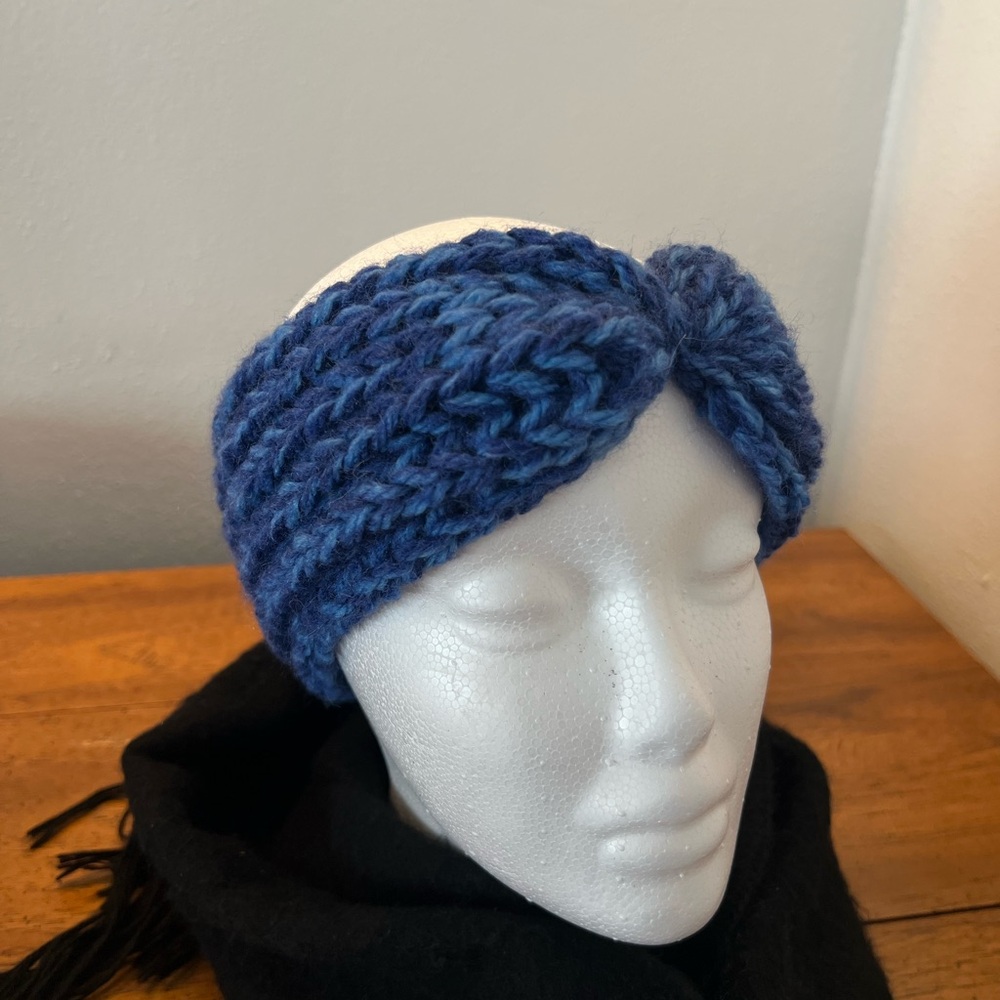 Hand-Knit Blue Turban Headband Knit Ear Warmer - wool blend